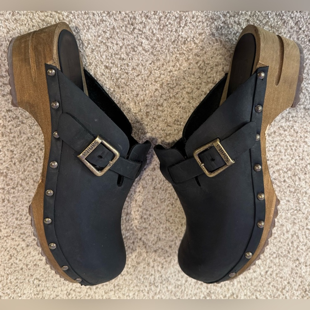 Sanita Kristel Black Nubuck Leather Wood Studded Clog Mule Shoes w/ Buckle - Picture 9 of 15